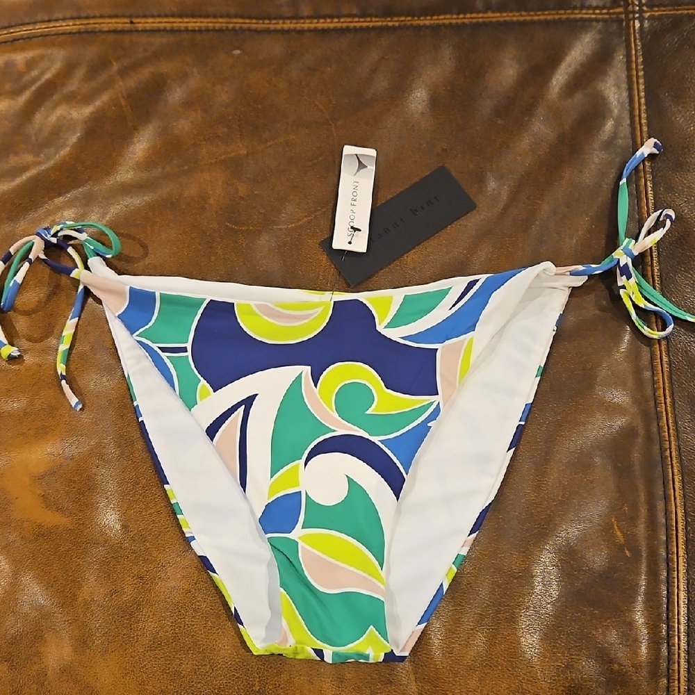 Gianni Bini Scoop Front String Bikini Bottom: Blue/Green/White Scarf Print: XL‎